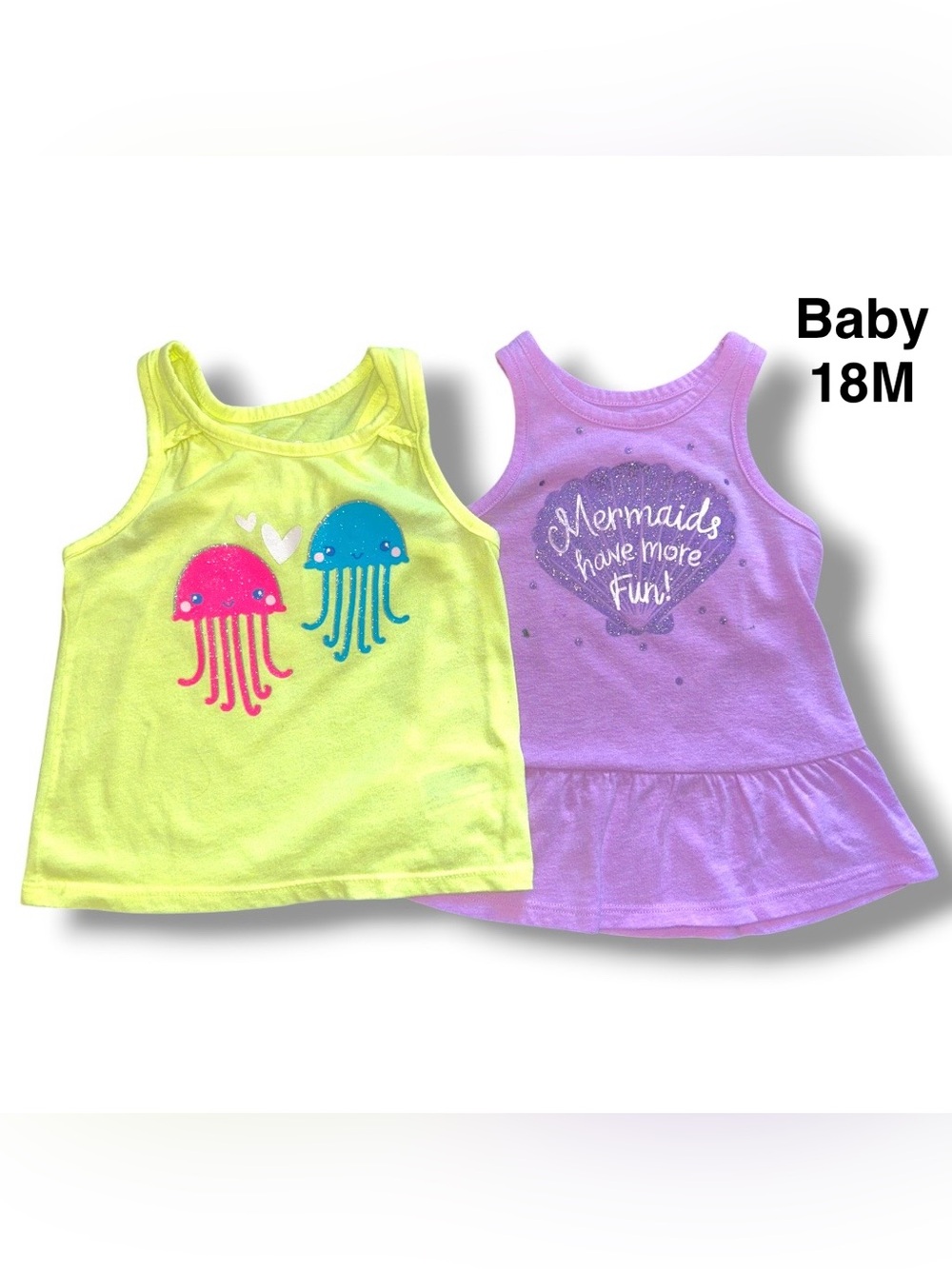 Kids Jellyfish & Mermaid Tank Tops - Neon Yellow & Lavender Size 18 Months